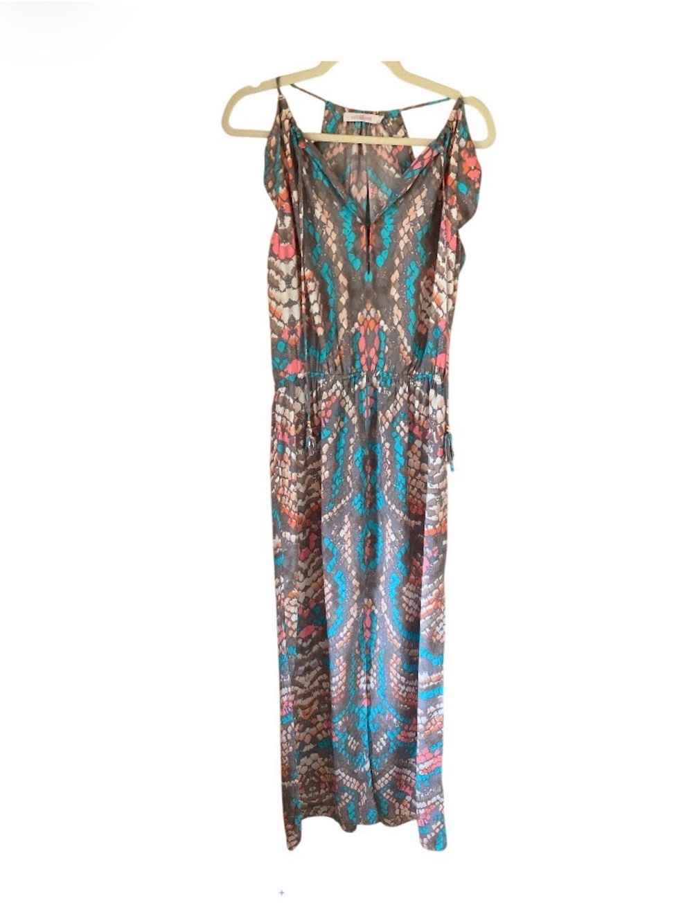Alice & Trixie silk Coral Turquoise Miami Abstract Print Front Slit Maxi size L - Picture 2 of 14